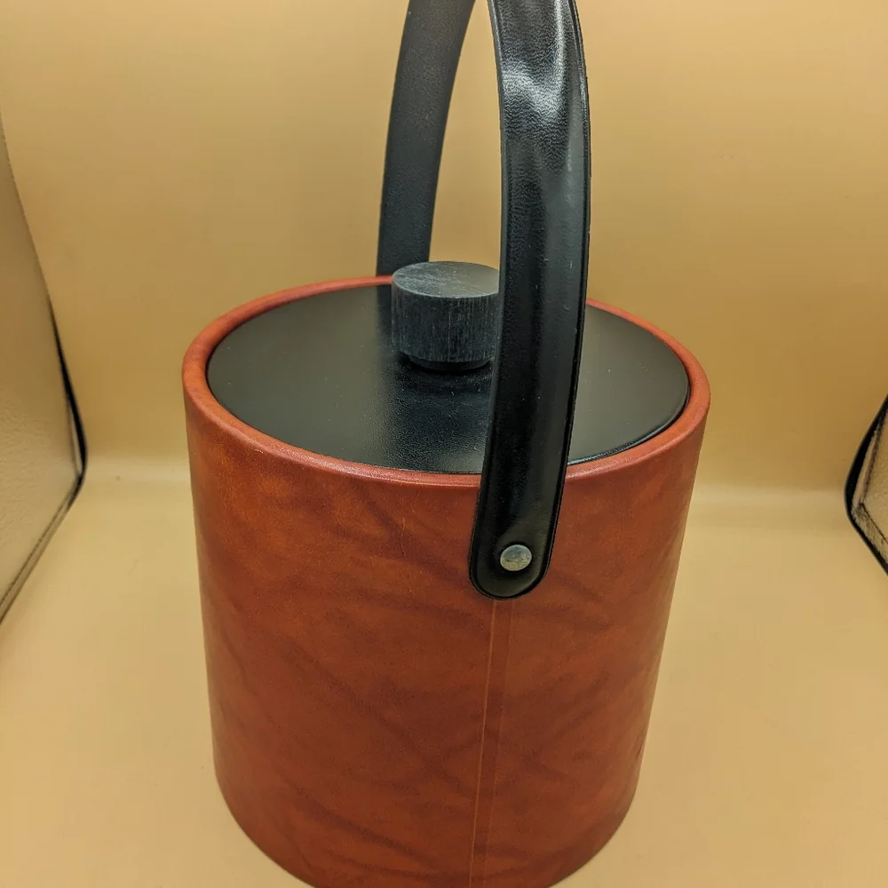 Irvinware Vintage Faux Leather Vinyl Blood Orange Ice Bucket w/ Black Lid Handle